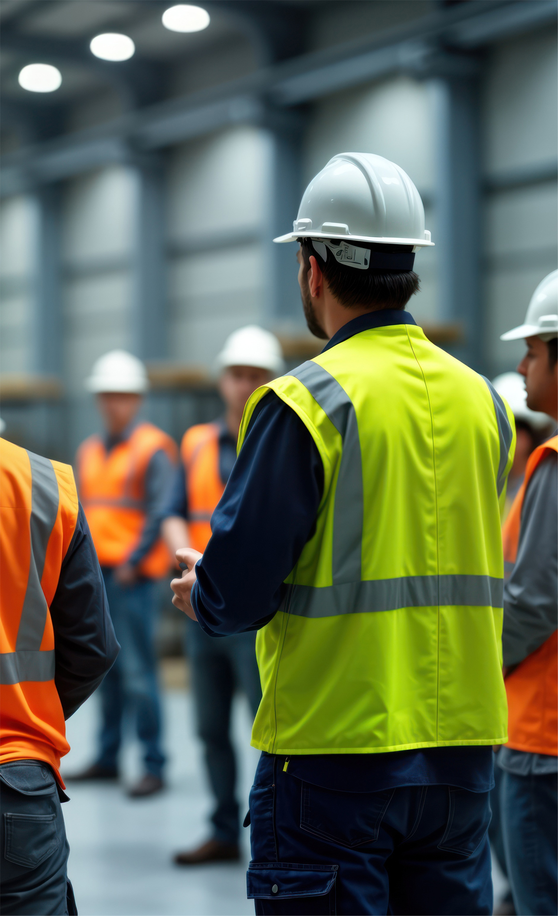 Industrial workers gather in large warehouse for safety training.