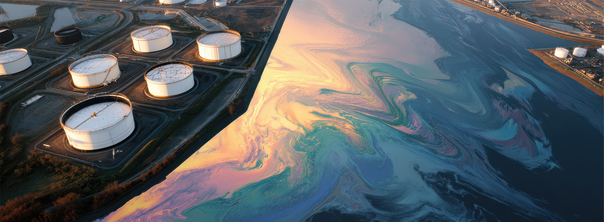 Aerial view of an industrial area with oil tanks beside a river displaying colorful oil slicks, highlighting environmental pollution.