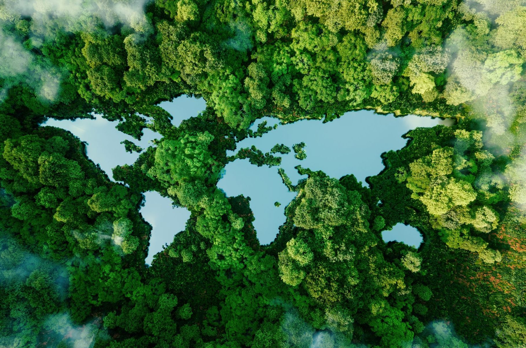 A lake in the shape of the world's continents in the middle of untouched nature.