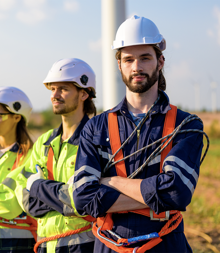 Professional engineer technician working outdoor at wind turbine field
