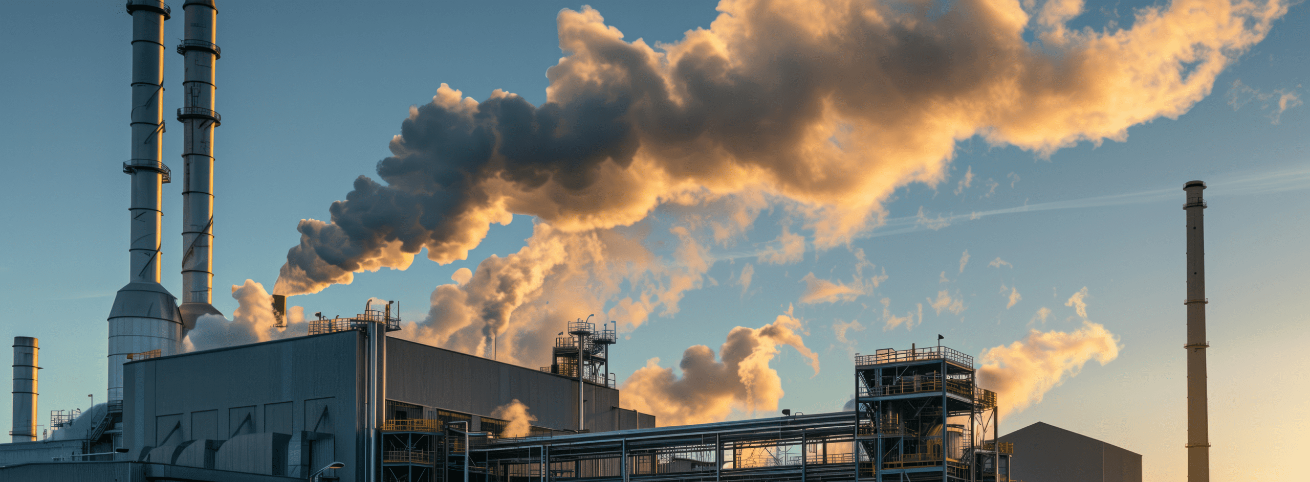 Industrial facility releasing smoke into the air during sunset, highlighting environmental pollution and industrial activities.